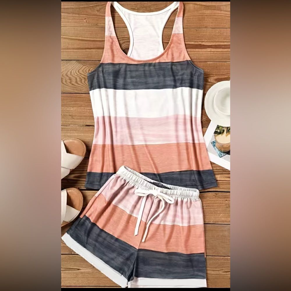 Color block two piece Shorts Set. Tank top, and drawstring elastic waist shorts.